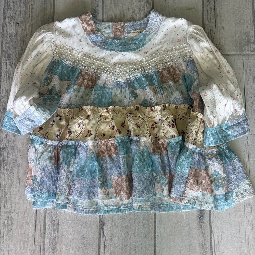 POL Ruffled Patchwork Blouse in Cream, Blue, Brown